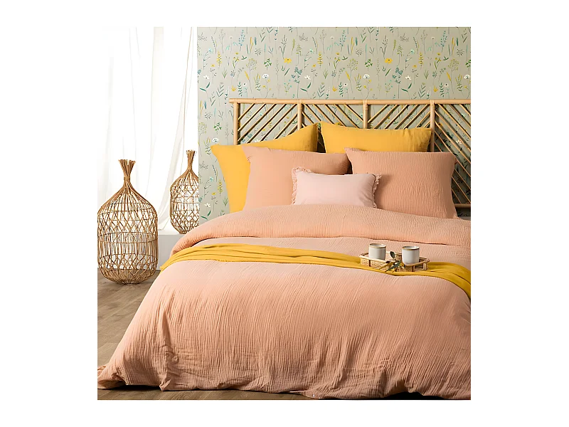 Parure de lit 2 Personnes en gaze de coton Rose 240 x 220 cm Housse de couette avec 2 taies