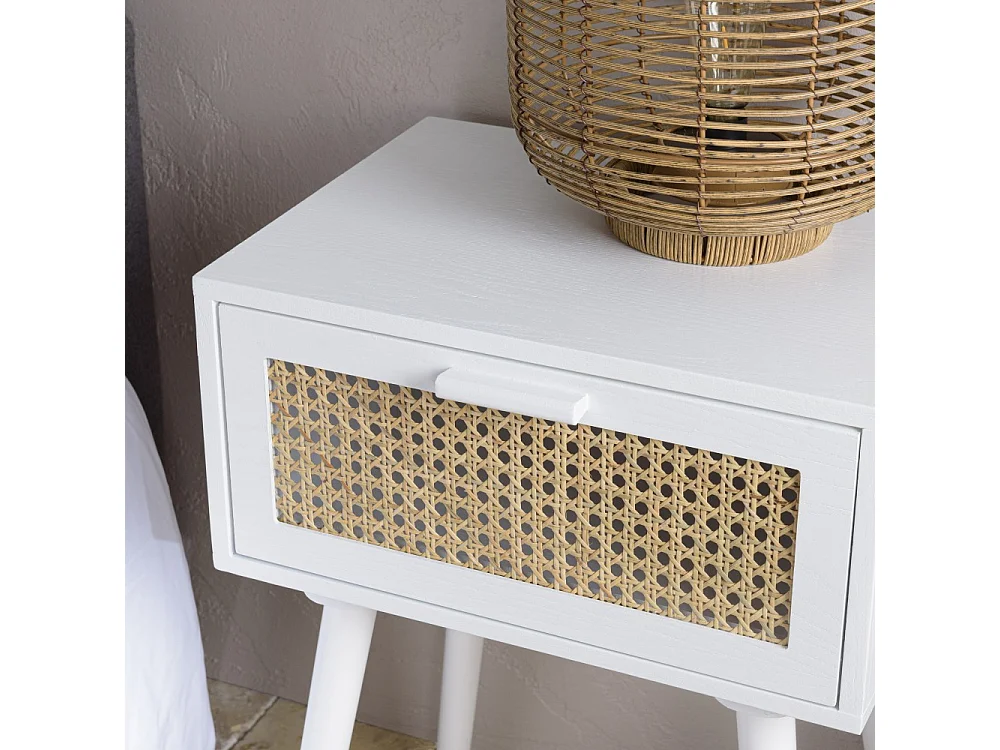 SANDRO - Table de chevet blanc 1 tiroir cannage naturel et bois blanc
