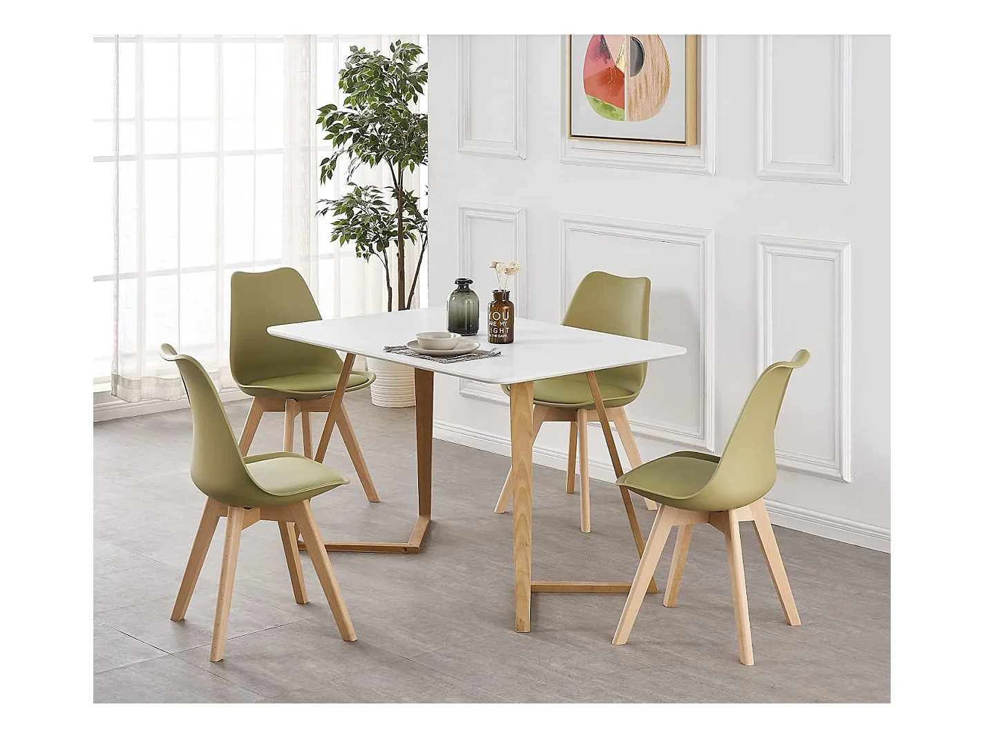 Ensemble de 2 chaises de salle à manger Lorenzo avec siège élégant en similicuir et pieds en bois massif - Parfait pour la salle à manger, le salon - Vert