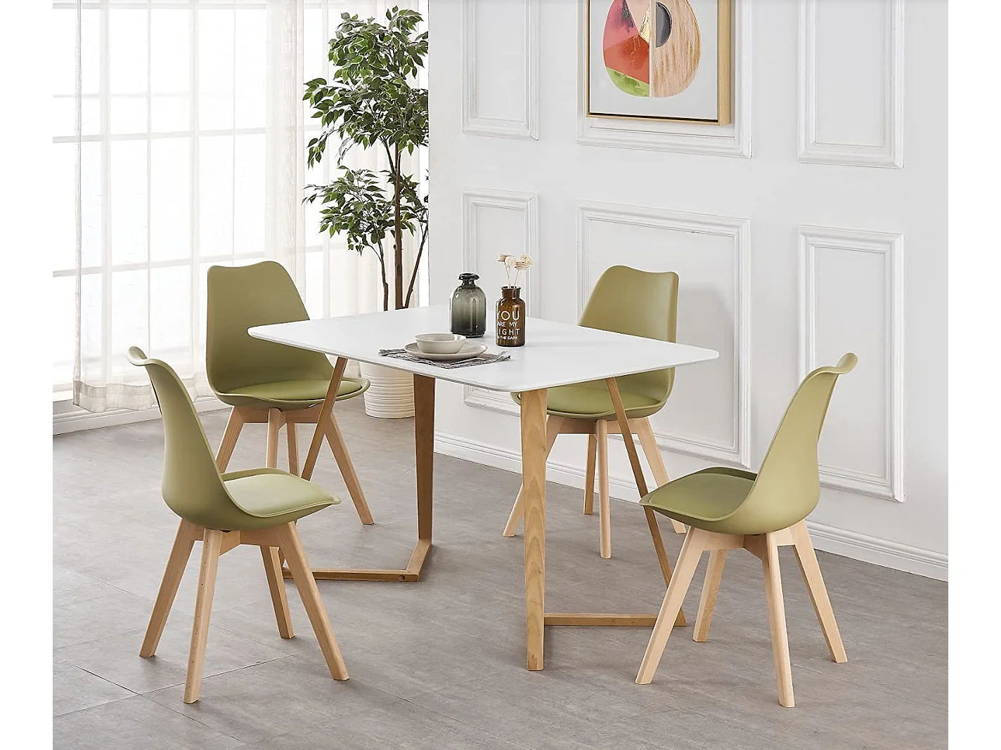 Ensemble de 2 chaises de salle à manger Lorenzo avec siège élégant en similicuir et pieds en bois massif - Parfait pour la salle à manger, le salon - Vert