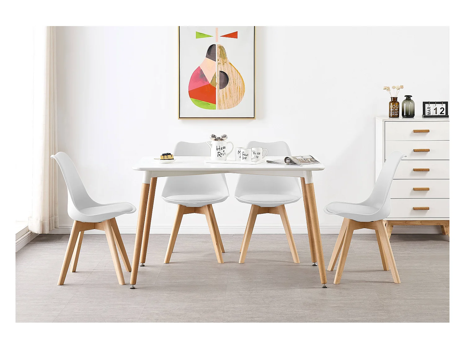 Ensemble de 2 chaises de salle à manger Lorenzo avec siège élégant en similicuir et pieds en bois massif - Parfait pour la salle à manger, le salon - Blanc