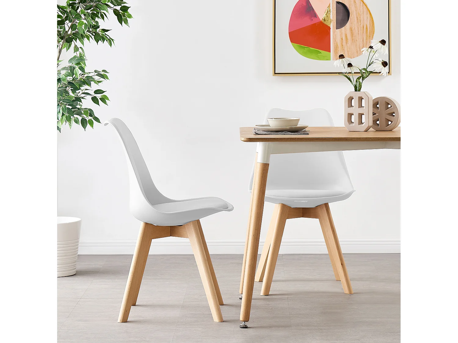 Ensemble de 2 chaises de salle à manger Lorenzo avec siège élégant en similicuir et pieds en bois massif - Parfait pour la salle à manger, le salon - Blanc