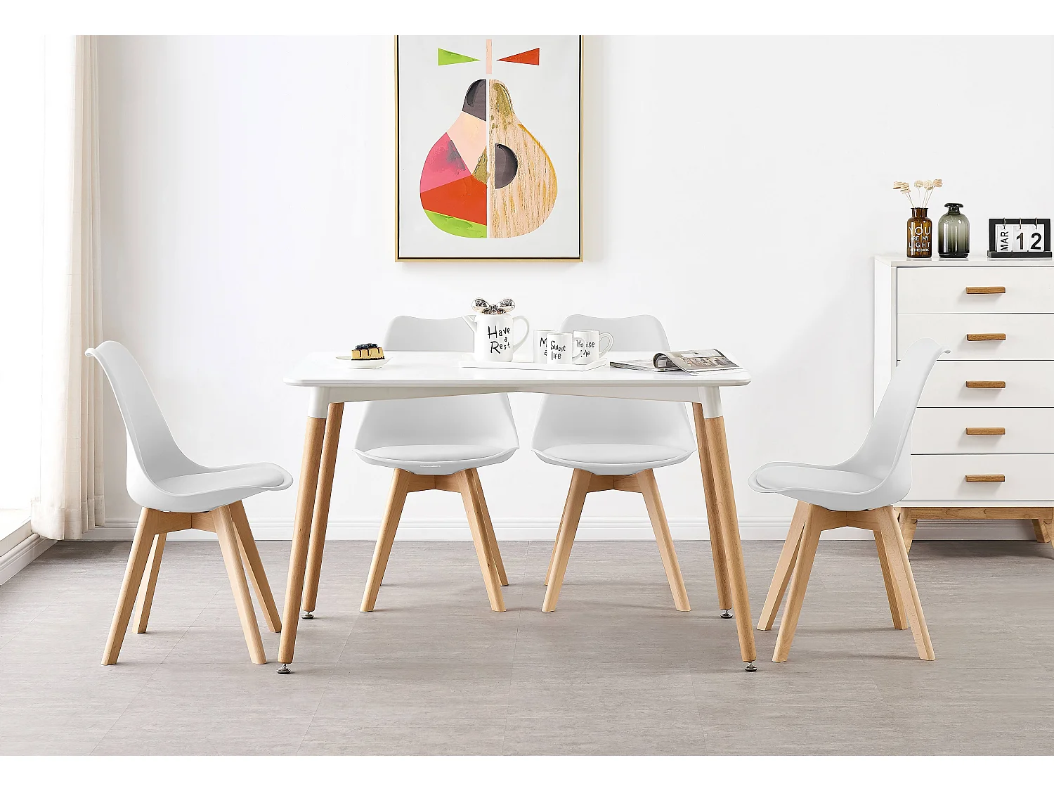 Ensemble de 2 chaises de salle à manger Lorenzo avec siège élégant en similicuir et pieds en bois massif - Parfait pour la salle à manger, le salon - Blanc