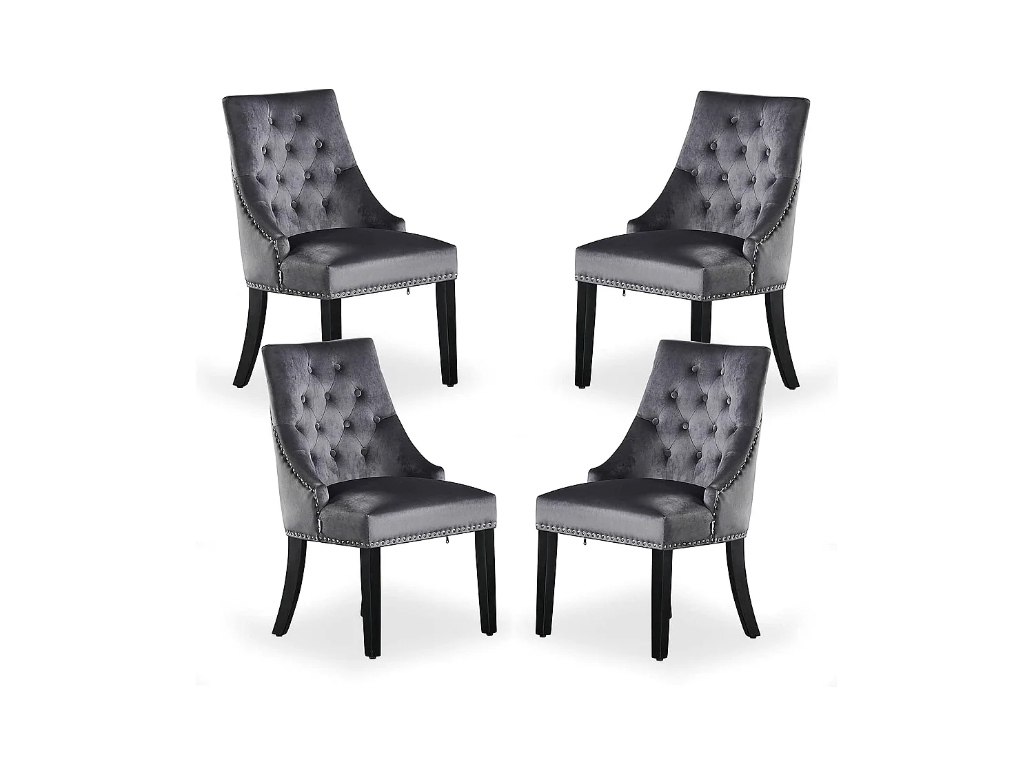 Set aus 4 Windsor-Esszimmerstühlen – Plüsch-Samtpolsterung und stabile Beine aus Massivholz – perfekt für Ihr Esszimmer und Wohnzimmer – Dunkelgrau