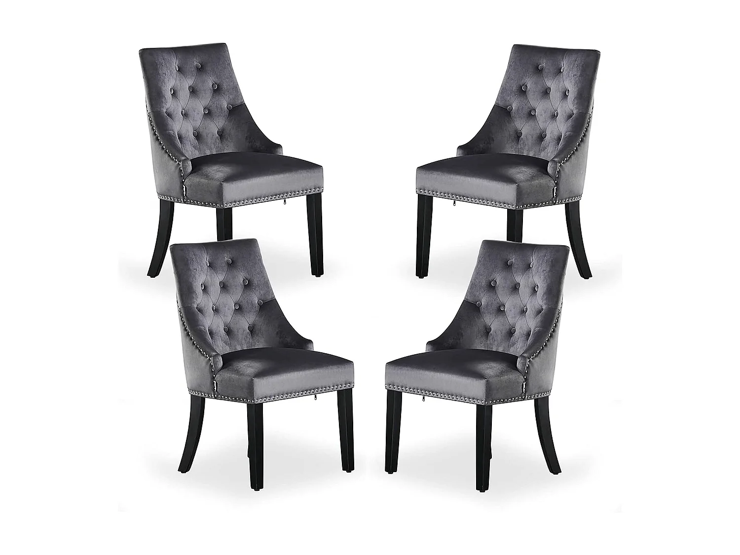 Set aus 4 Windsor-Esszimmerstühlen – Plüsch-Samtpolsterung und stabile Beine aus Massivholz – perfekt für Ihr Esszimmer und Wohnzimmer – Dunkelgrau