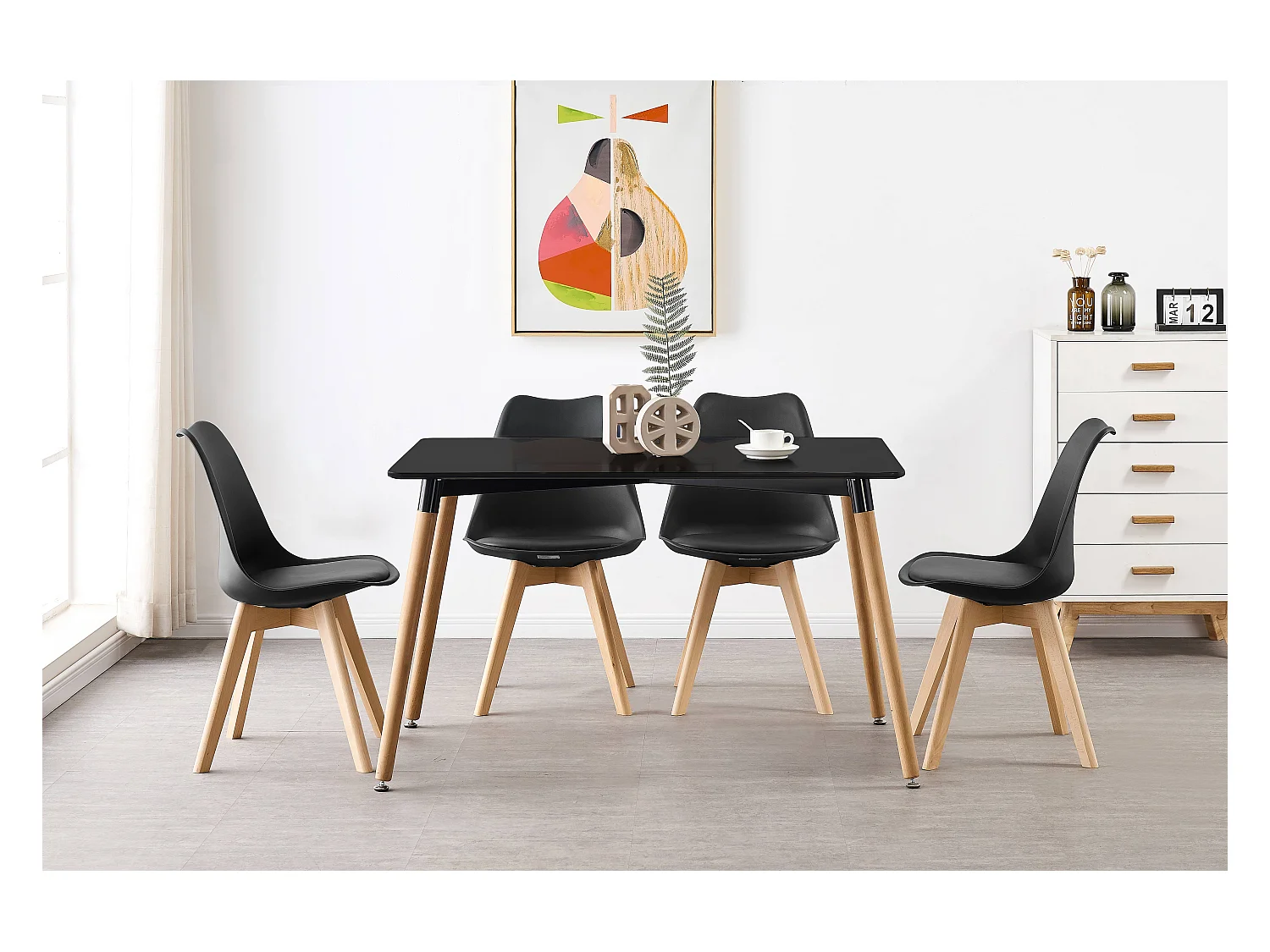 Ensemble de 2 chaises de salle à manger Lorenzo avec siège élégant en similicuir et pieds en bois massif - Parfait pour la salle à manger, le salon - Noir