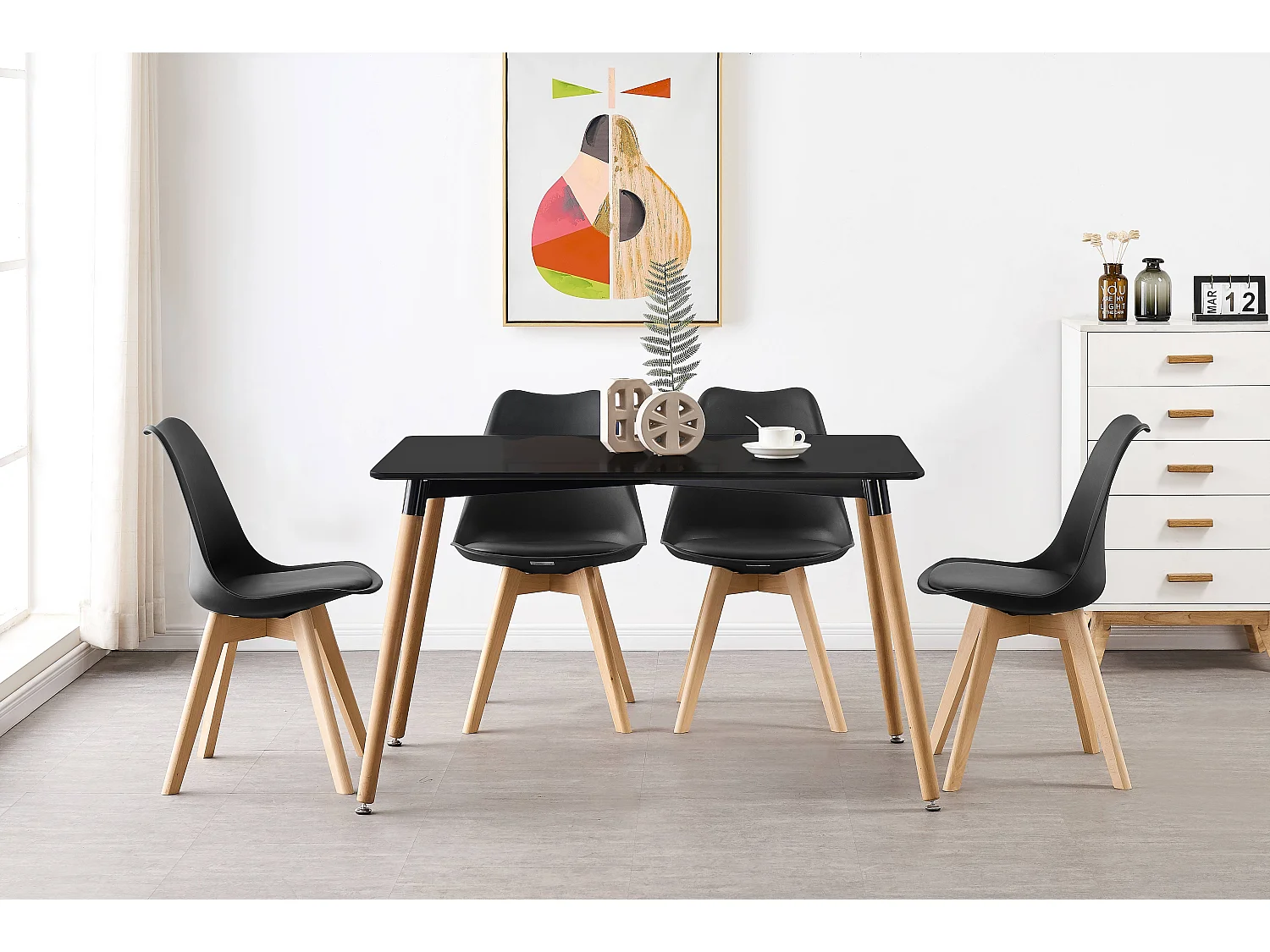 Ensemble de 2 chaises de salle à manger Lorenzo avec siège élégant en similicuir et pieds en bois massif - Parfait pour la salle à manger, le salon - Noir