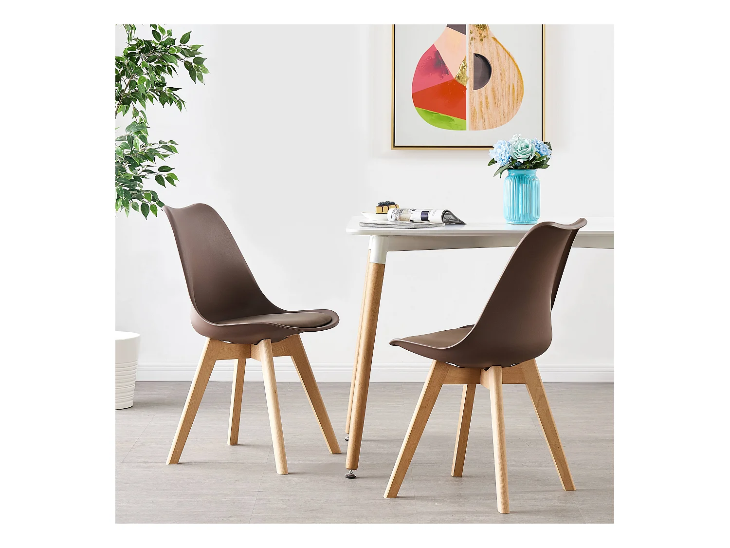 Ensemble de 2 chaises de salle à manger Lorenzo avec siège élégant en similicuir et pieds en bois massif - Parfait pour la salle à manger, le salon - Marron