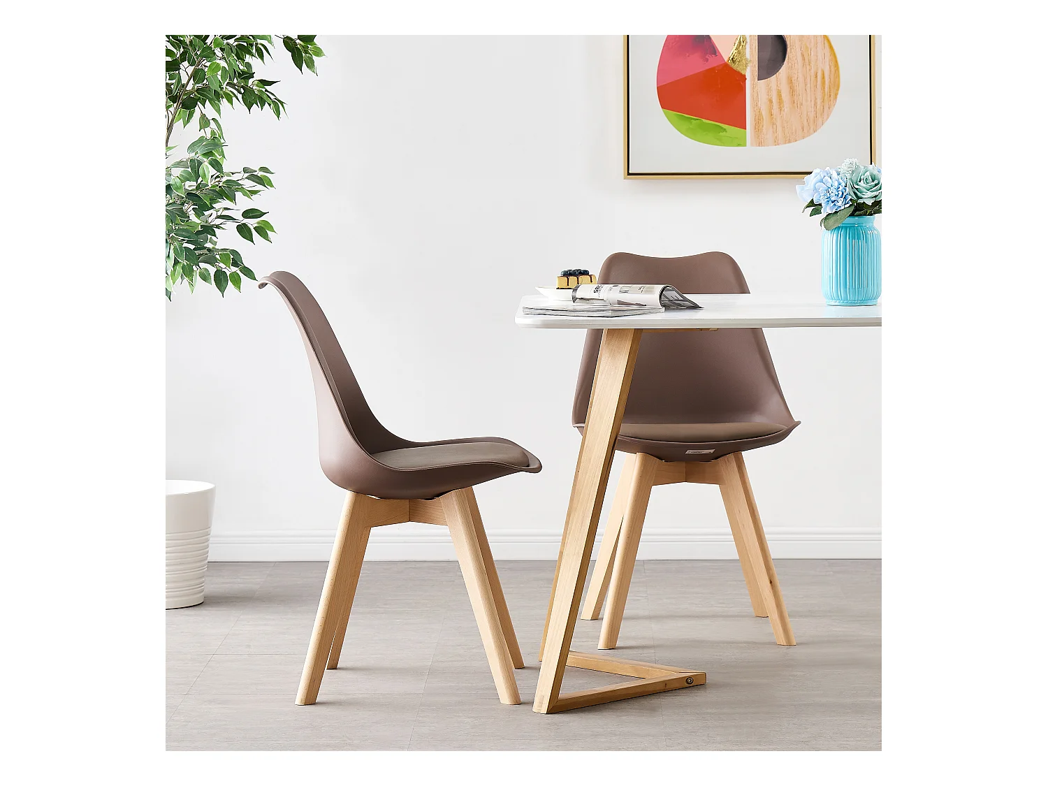 Ensemble de 2 chaises de salle à manger Lorenzo avec siège élégant en similicuir et pieds en bois massif - Parfait pour la salle à manger, le salon - Marron