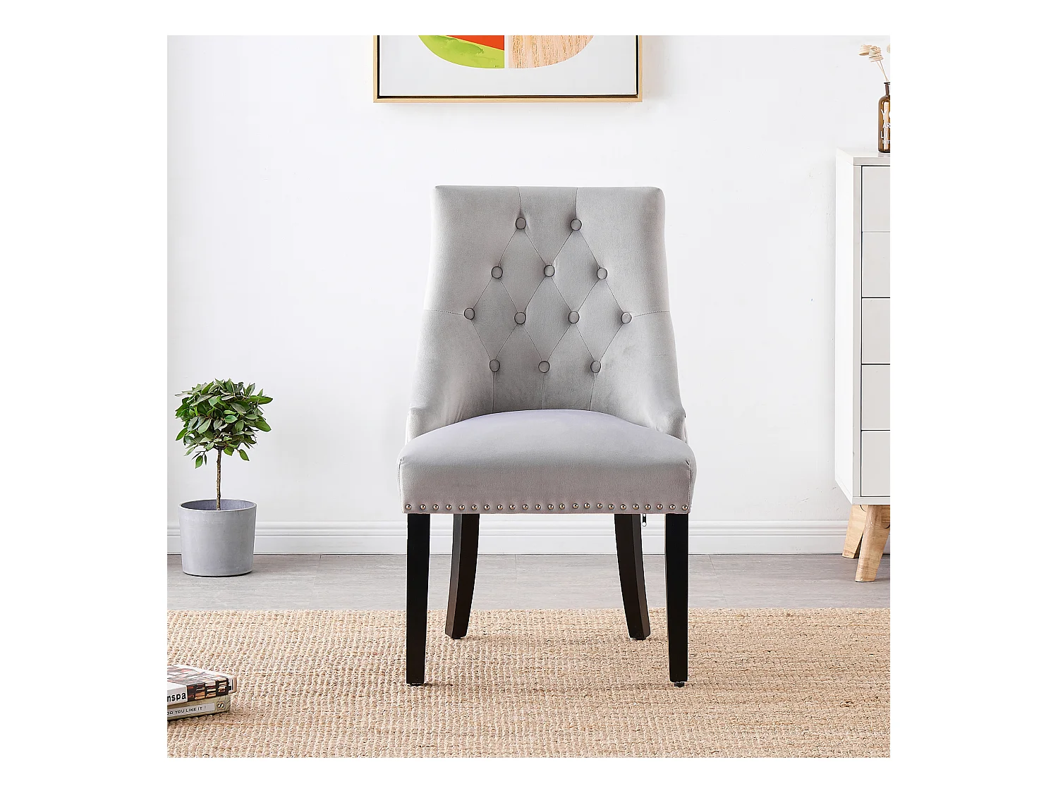 Lot de 6 chaises de salle à manger Windsor - Revêtement en velours et pieds robustes en bois massif - Idéales pour votre salle à manger et votre salon - Gris clair