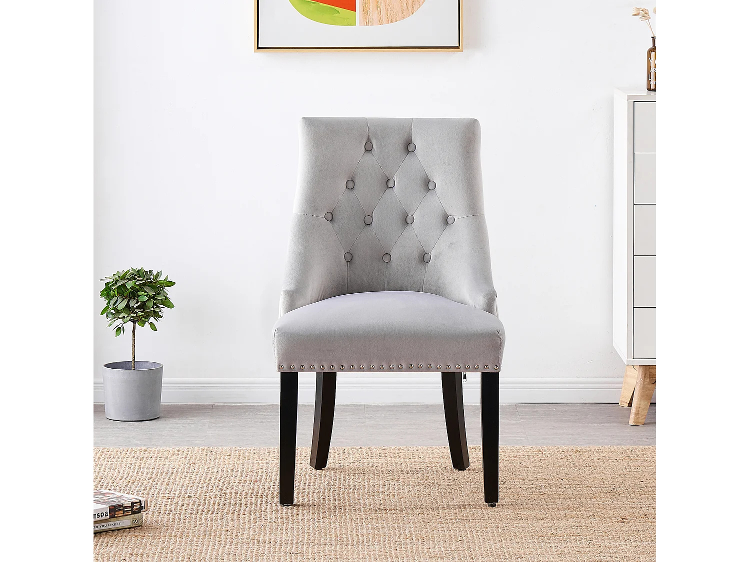 Set mit 6 Windsor-Esszimmerstühlen – Plüsch-Samtpolsterung und stabile Beine aus Massivholz – perfekt für Ihr Esszimmer und Wohnzimmer – Hellgrau