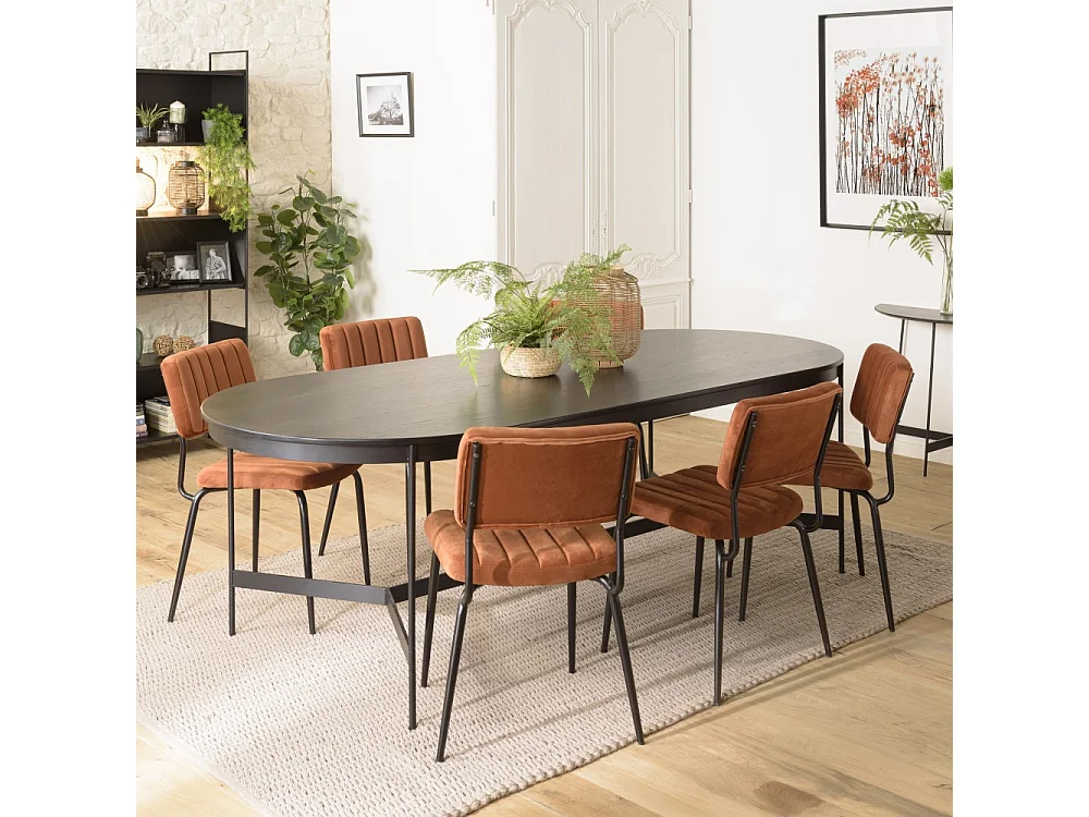 DALY - Table à manger en bois ovale noire 240x104cm piètement métal