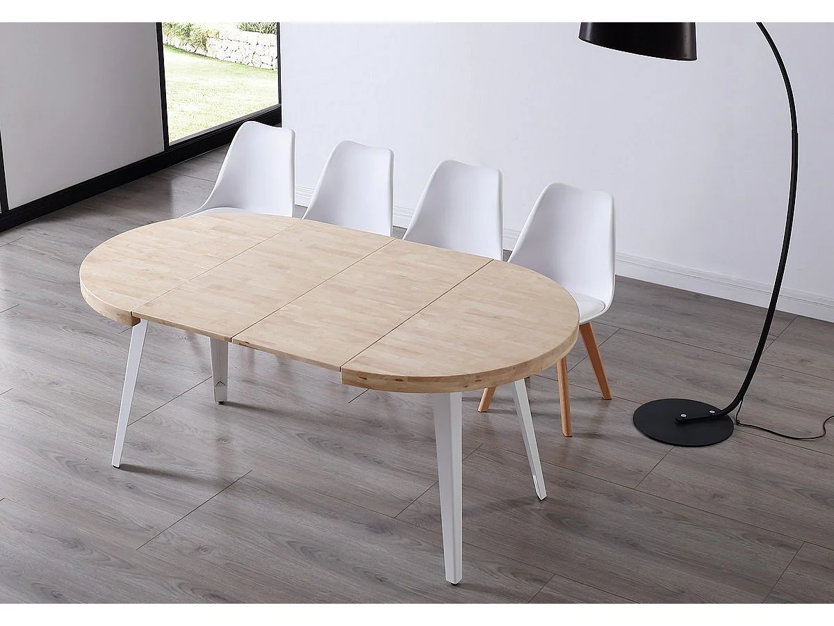 MATIKA - Table extensible en bois de chêne et acier blanc