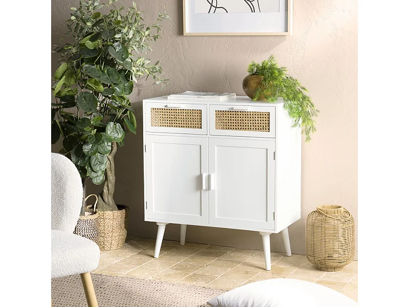 SANDRO - Buffet 2 portes 2 tiroirs cannage naturel et bois blanc