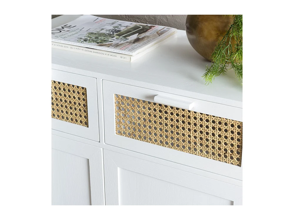 SANDRO - Buffet 2 portes 2 tiroirs cannage naturel et bois blanc