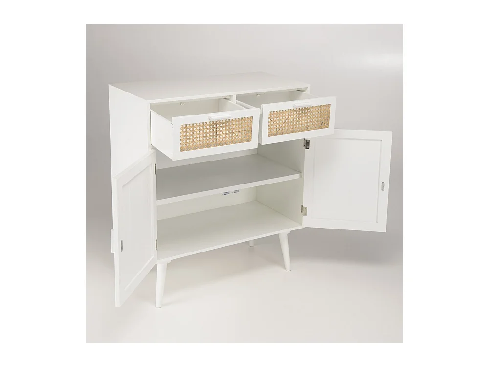 SANDRO - Buffet 2 portes 2 tiroirs cannage naturel et bois blanc
