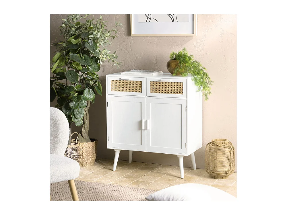 SANDRO - Buffet blanc 2 portes 2 tiroirs cannage naturel