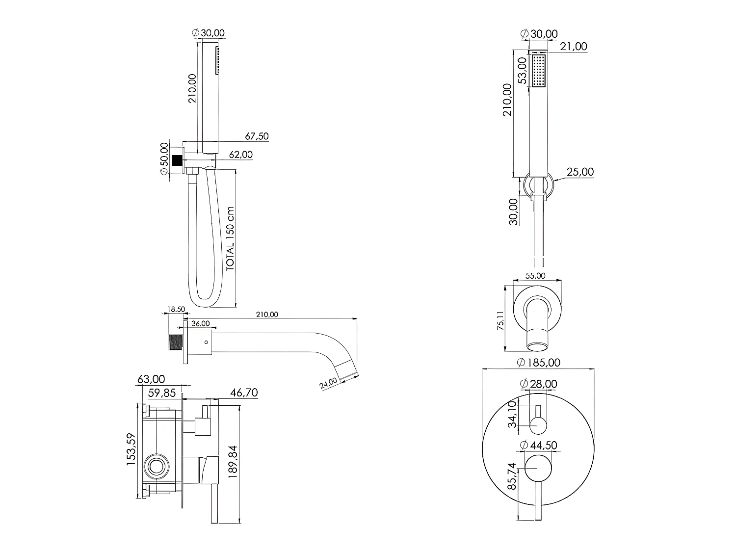 Grifo monomando NEGRO empotrado pared CARLOW para bañera exenta
