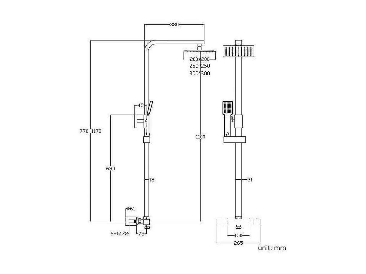 Colonne de douche thermostatique NILA 25 cm x 25 cm