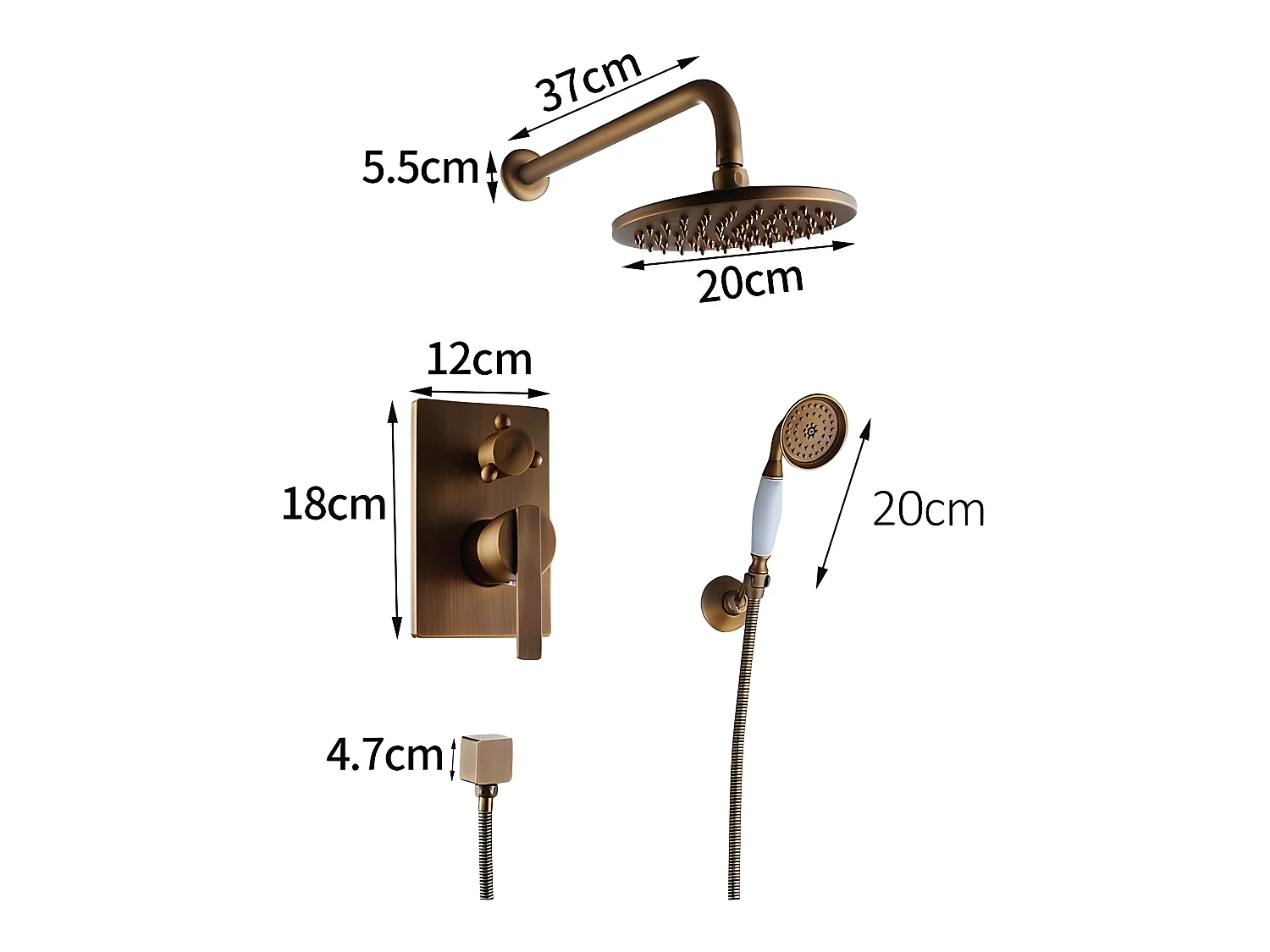 Conjunto de ducha empotrada monomando a pared FLORINA dorado envejecido  20 cm x 20 cm