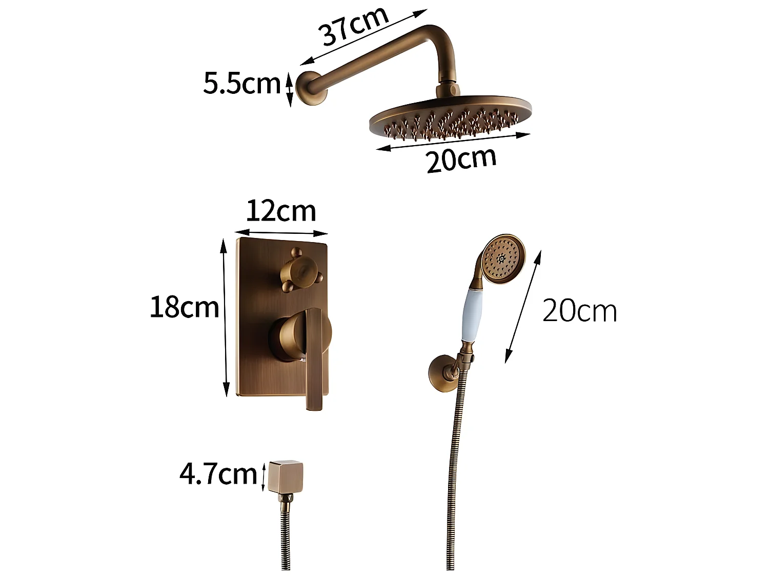 Conjunto de ducha empotrada monomando a pared FLORINA dorado envejecido  20 cm x 20 cm