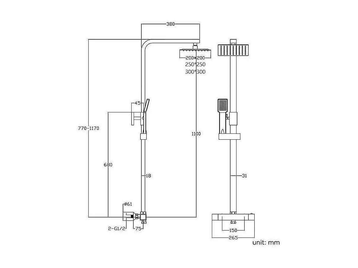 Colonne de douche thermostatique NILA noir mat 20 cm x 20 cm