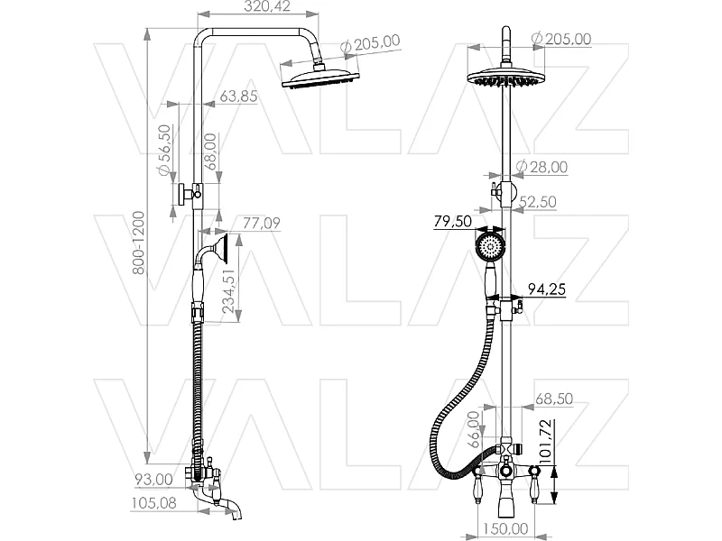 Columna de ducha para bañera retro FLORINA dorado envejecido