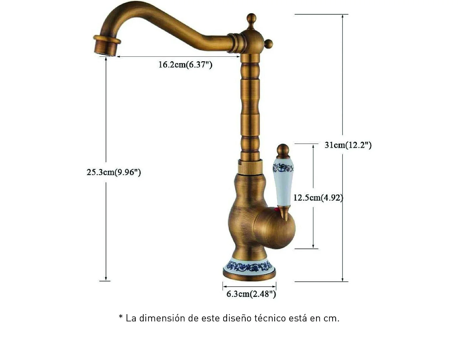 Grifo monomando alto lavabo retro FLORINA dorado envejecido