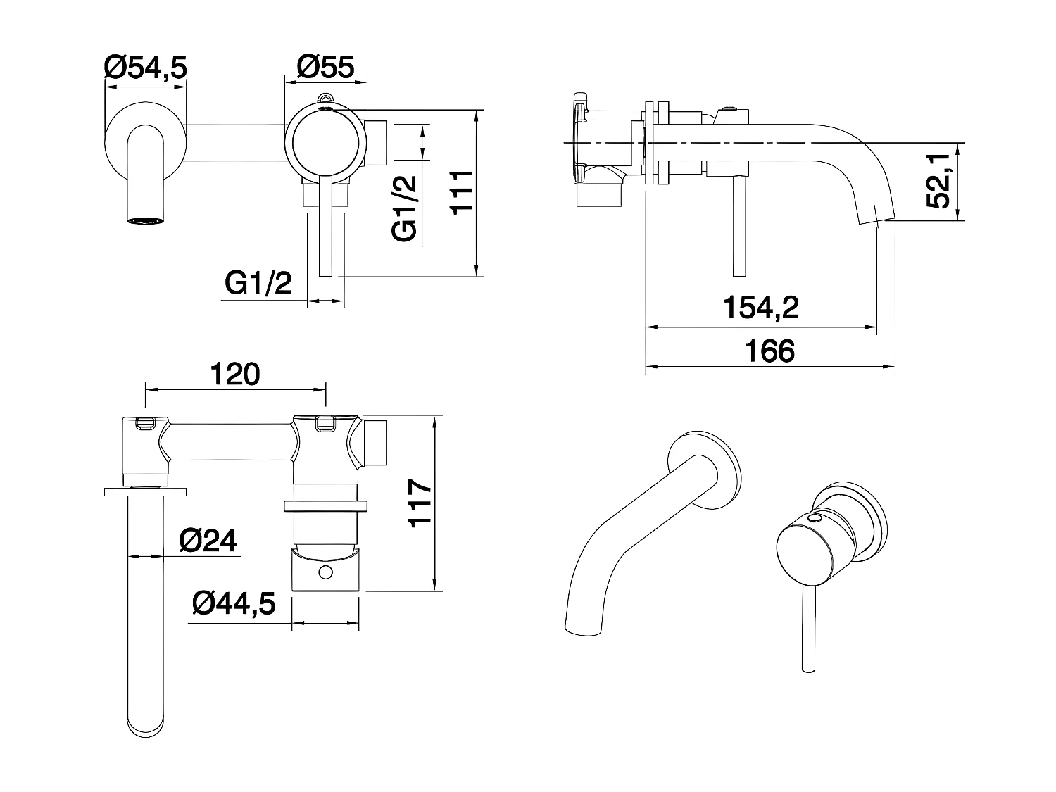 Robinet mitigeur mural encastré 2 trous PIZO or brossé