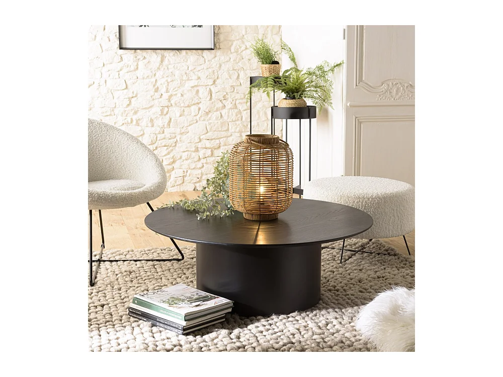 DALY - Table basse ronde 90x90cm piètement métal et bois noire