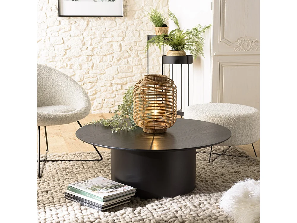 DALY - Table basse ronde 90x90cm piètement métal et bois noire