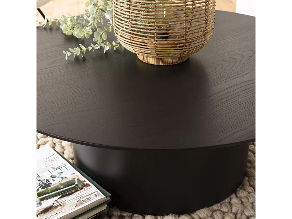 DALY - Table basse ronde 90x90cm piètement métal et bois noire