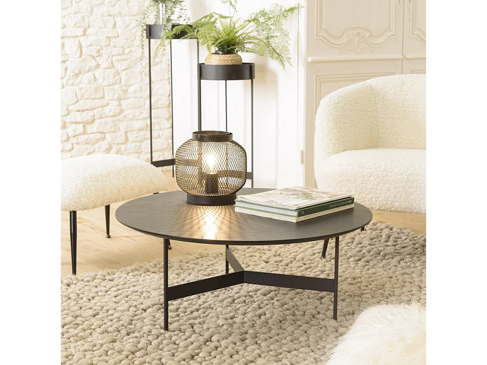 DALY - Table basse en bois ronde noire 78x78cm piètement métal