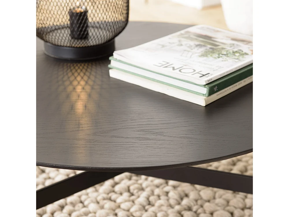 DALY - Table basse en bois ronde noire 78x78cm piètement métal