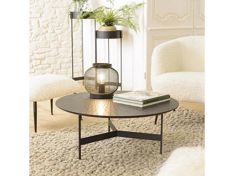 DALY - Table basse en bois ronde noire 78x78cm piètement métal