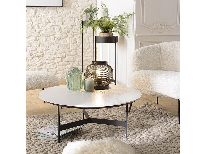 DALY - Table basse ronde 78x78cm plateau effet marbre piètement métal