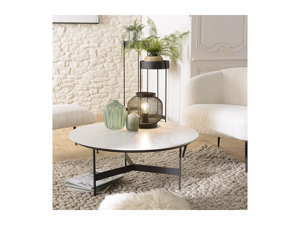 DALY - Table basse ronde 78x78cm plateau effet marbre piètement métal