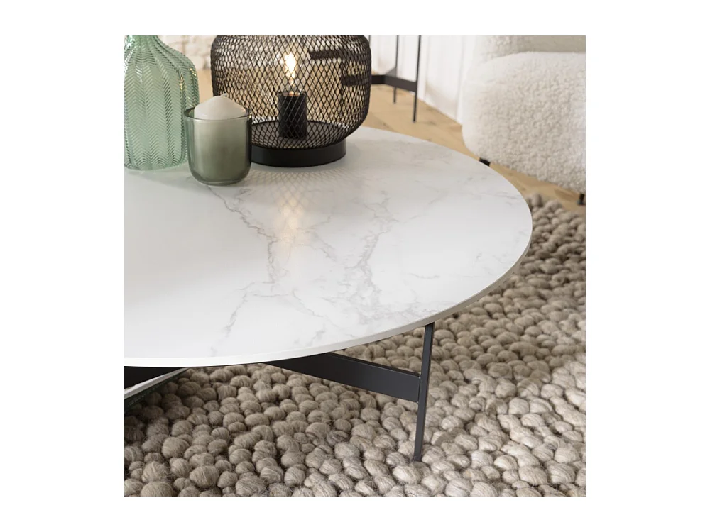 DALY - Table basse ronde 78x78cm plateau effet marbre piètement métal