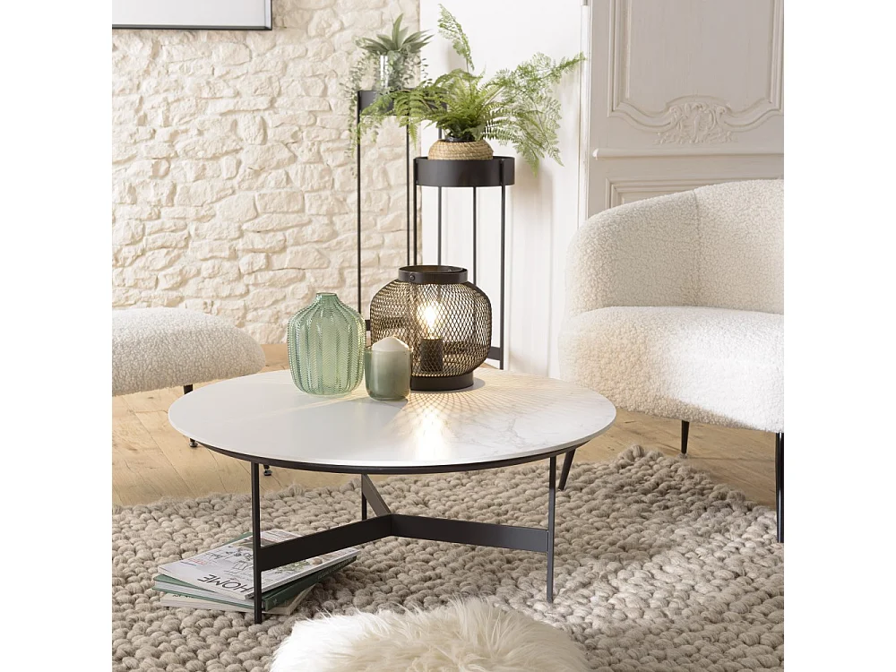 DALY - Table basse ronde 78x78cm plateau effet marbre piètement métal