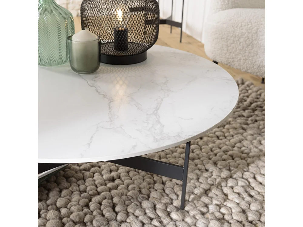 DALY - Table basse ronde 78x78cm plateau effet marbre piètement métal
