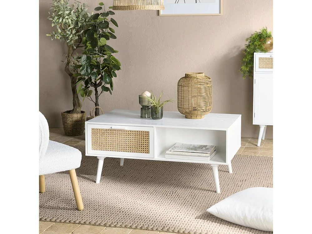 SANDRO - Table basse 2 tiroirs 1 niche cannage naturel et bois blanc