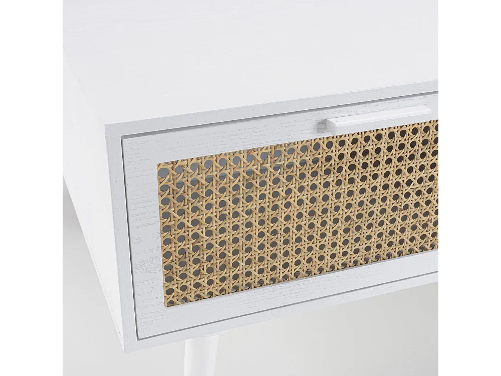 SANDRO - Table basse 2 tiroirs 1 niche cannage naturel et bois blanc