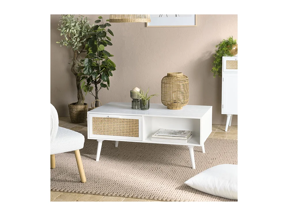 SANDRO - Table basse 2 tiroirs 1 niche cannage naturel et bois blanc