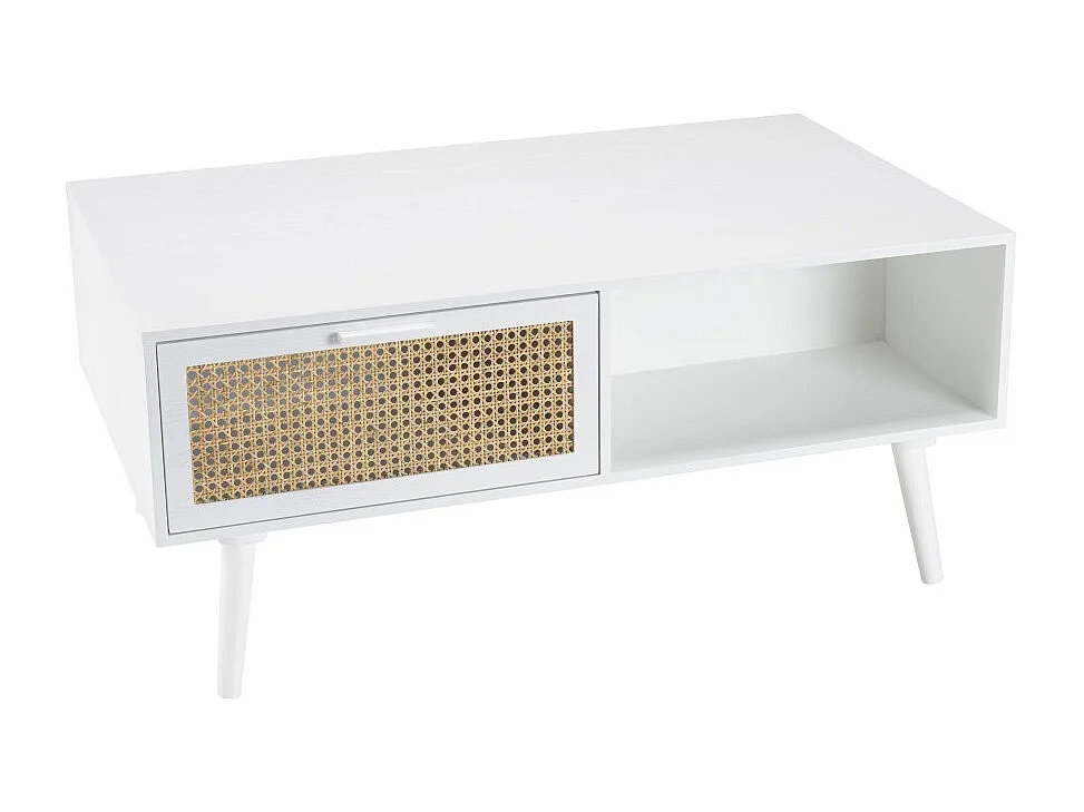 SANDRO - Table basse 2 tiroirs 1 niche cannage naturel et bois blanc