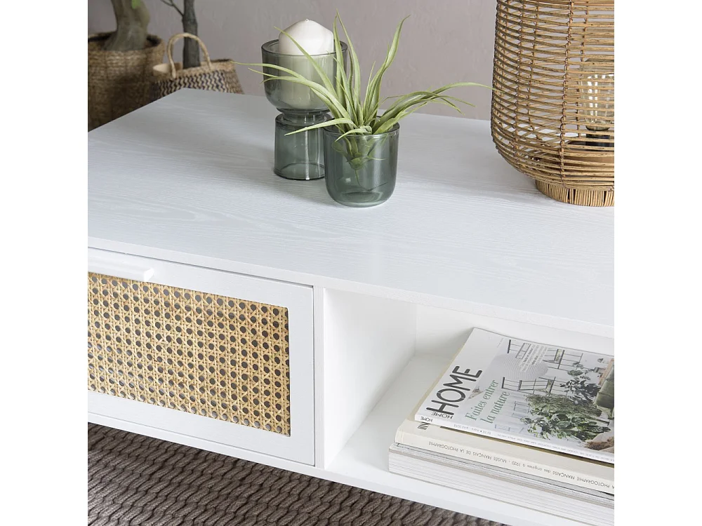 SANDRO - Table basse 2 tiroirs 1 niche cannage naturel et bois blanc