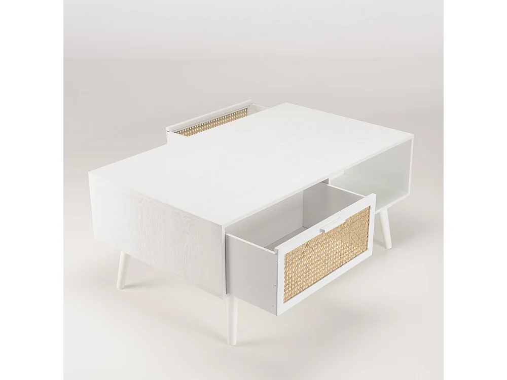 SANDRO - Table basse 2 tiroirs 1 niche cannage naturel et bois blanc