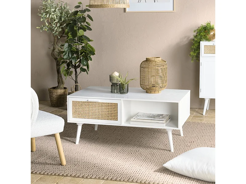 SANDRO - Table basse 2 tiroirs 1 niche cannage naturel et bois blanc