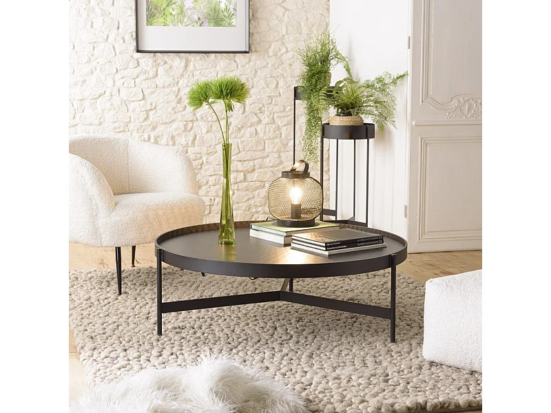 DALY - Table basse en bois ronde noire 102x102cm piètement métal