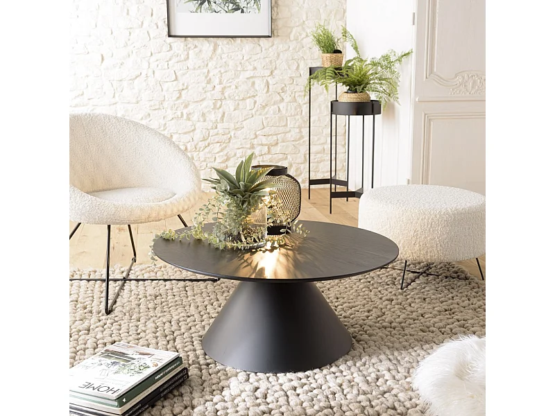 DALY - Table basse en bois ronde noire 78x78cm pied conique métal