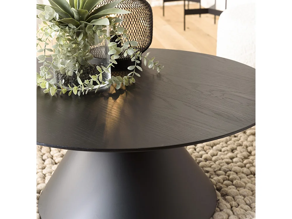 DALY - Table basse en bois ronde noire 78x78cm pied conique métal